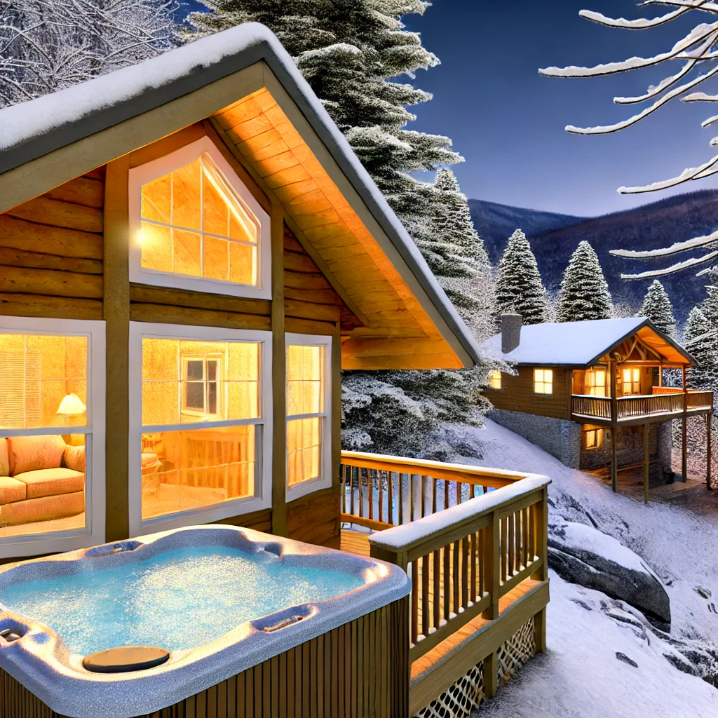 cozy cabin in Dahlonega, Georgia, during winter. The cabin has a warm, inviting glow from inside, with a snow-covered roof