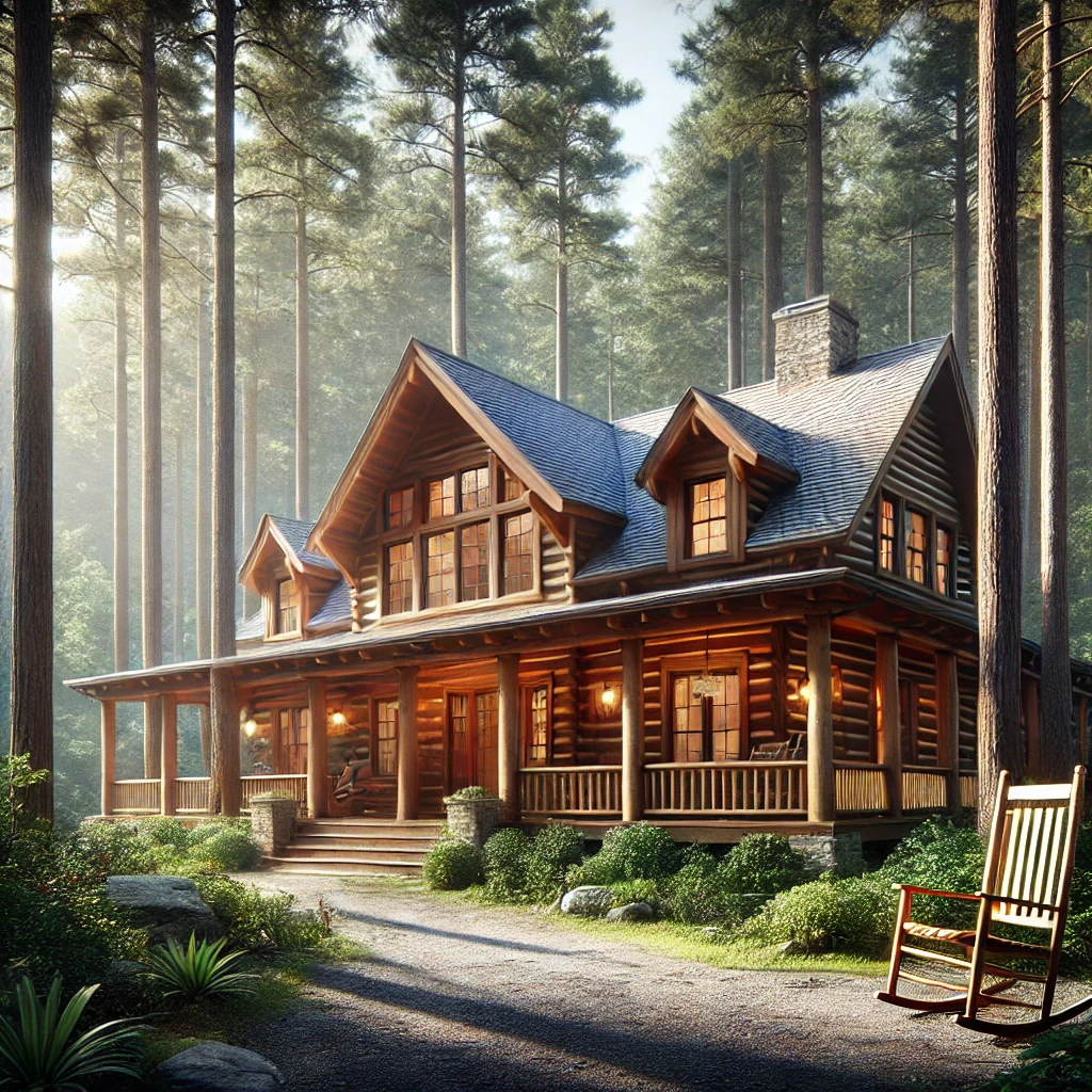 classic log cabin in Dahlonega, Georgia, nestled among tall trees in a forested area.