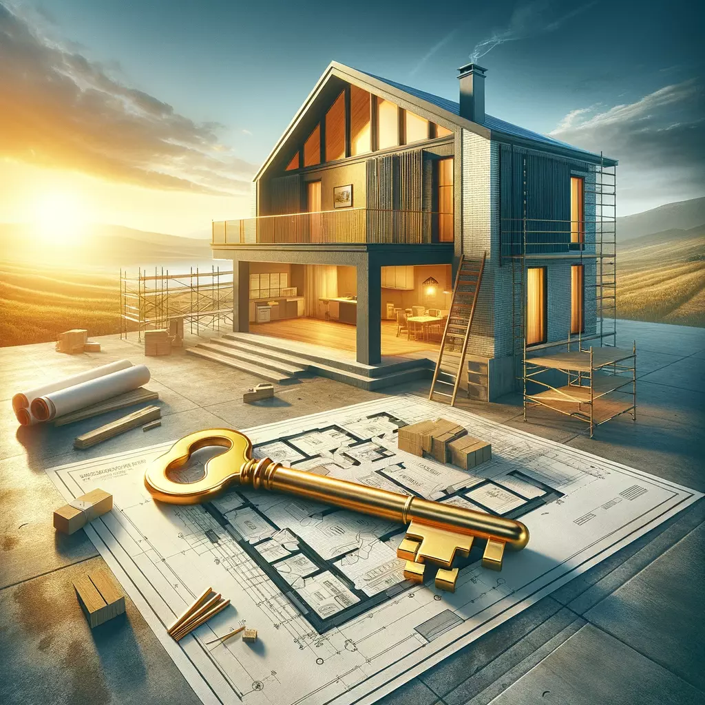 DALL·E 2024-01-19 13.18.47 - A visually appealing advertisement targeting home builders. The ad features an image of a modern, half-constructed house under a clear blue sky, symbo