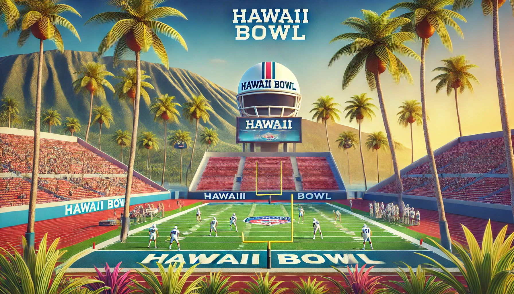 Tropical setting for the Hawaii Bowl with a football stadium, palm trees, clear blue skies, and players warming up on the field, capturing the island atmosphere.