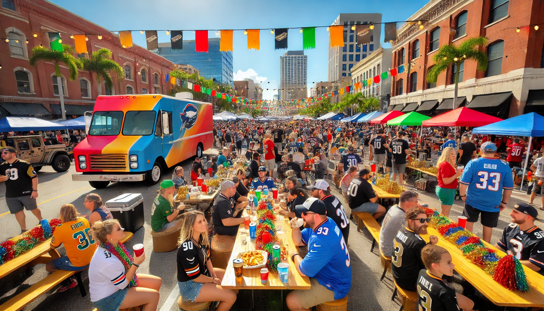 Downtown Tampa, FL, filled with fans enjoying a lively football pregame block party, colorful decorations, food trucks, and sunny weather.