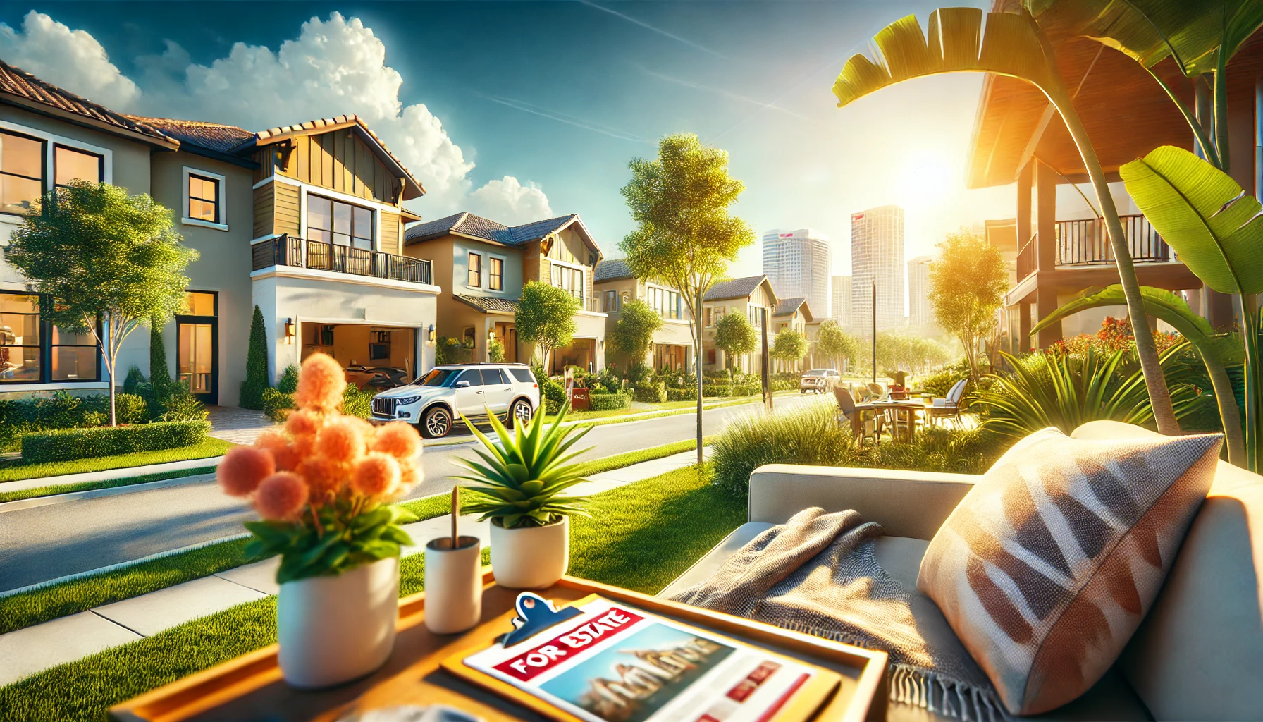 A suburban neighborhood in Tampa, FL, showcasing modern homes with lush green landscaping and a clear blue sky, representing the local housing market.