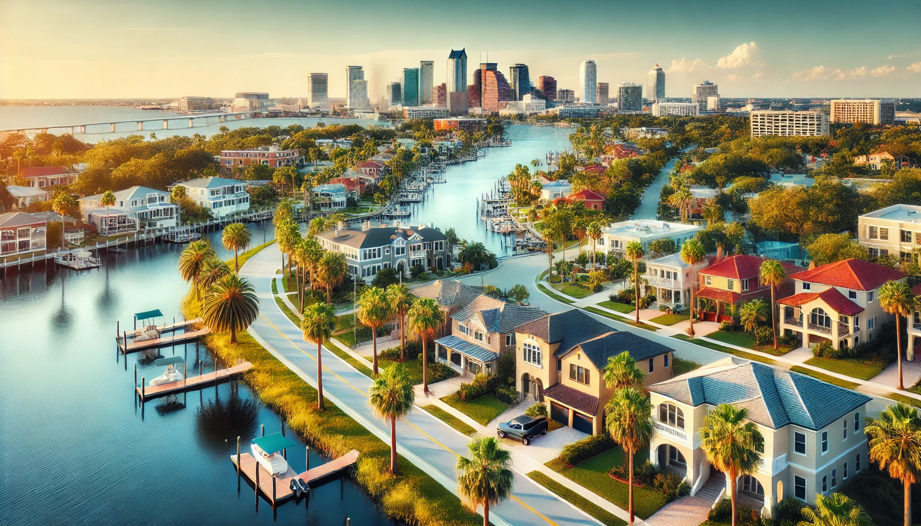 A scenic view of Tampa, FL, featuring palm-lined streets, residential homes, and nearby water, highlighting the city’s vibrant culture and sunny weather.