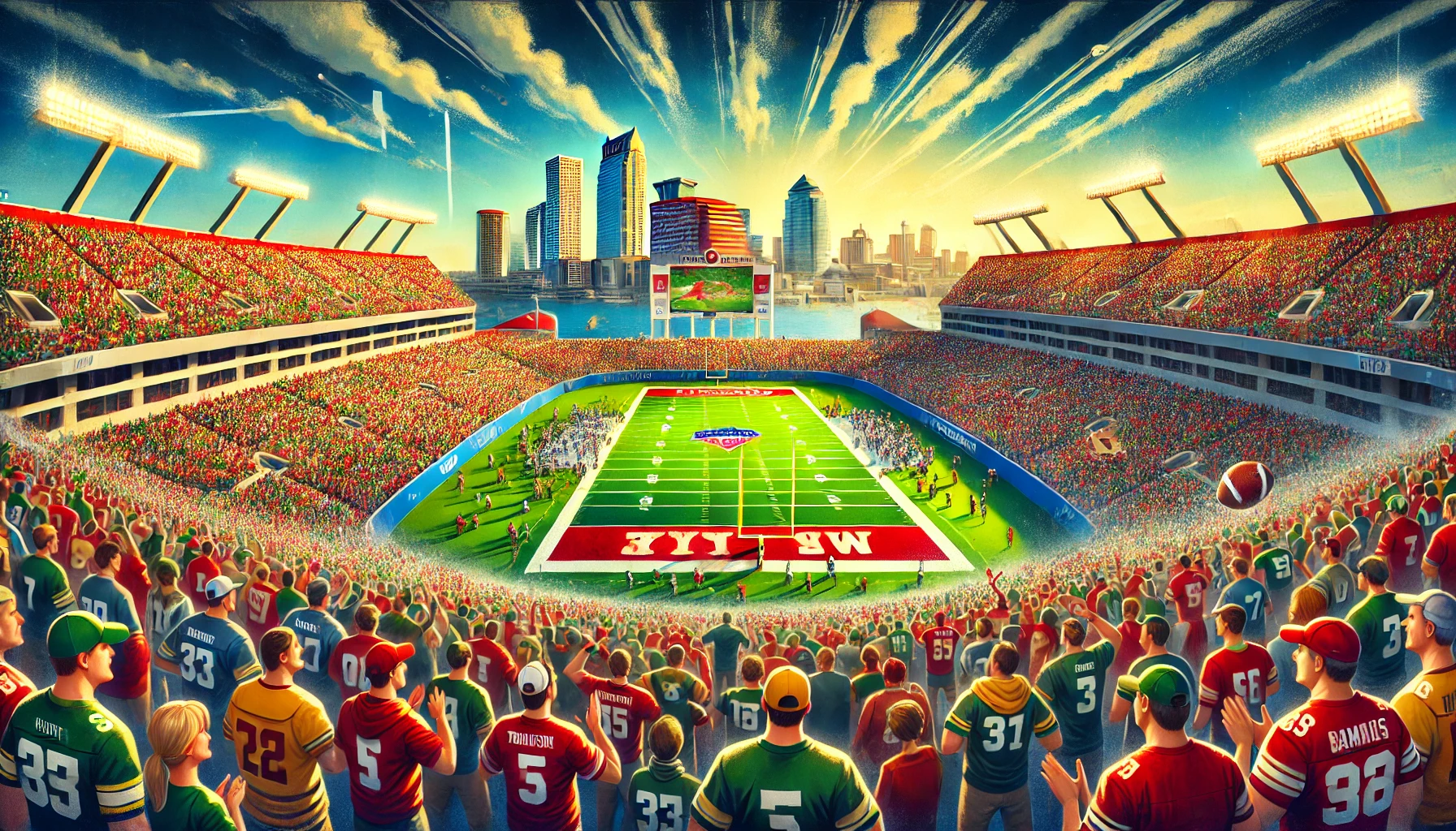 Football fans in Tampa, FL, cheering at the ReliaQuest Bowl in Raymond James Stadium, with a vibrant green field and the Tampa Bay skyline in the background under sunny skies.