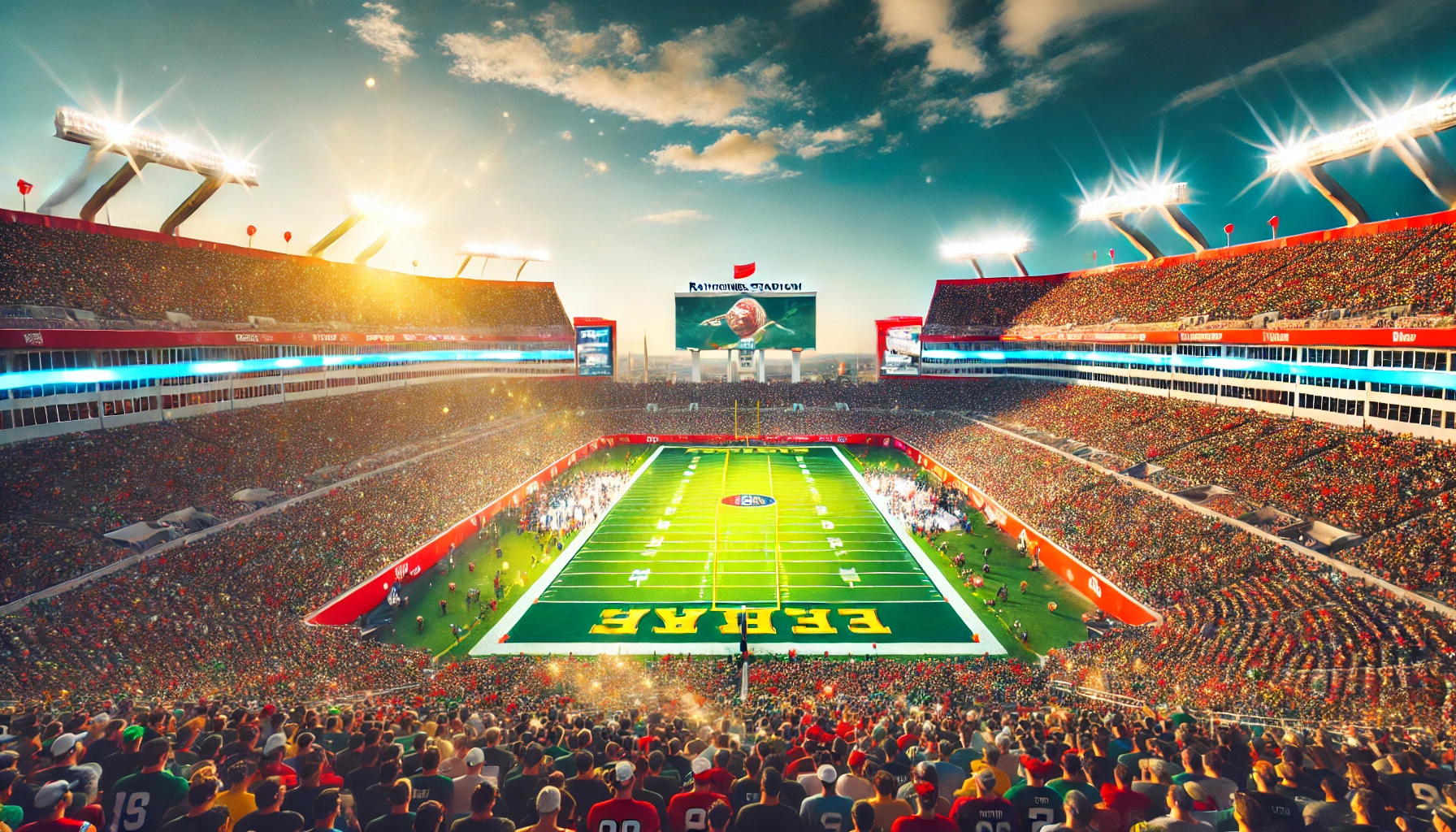 Raymond James Stadium in Tampa, FL, filled with fans, featuring a lush green football field under bright stadium lights and a clear blue sky.