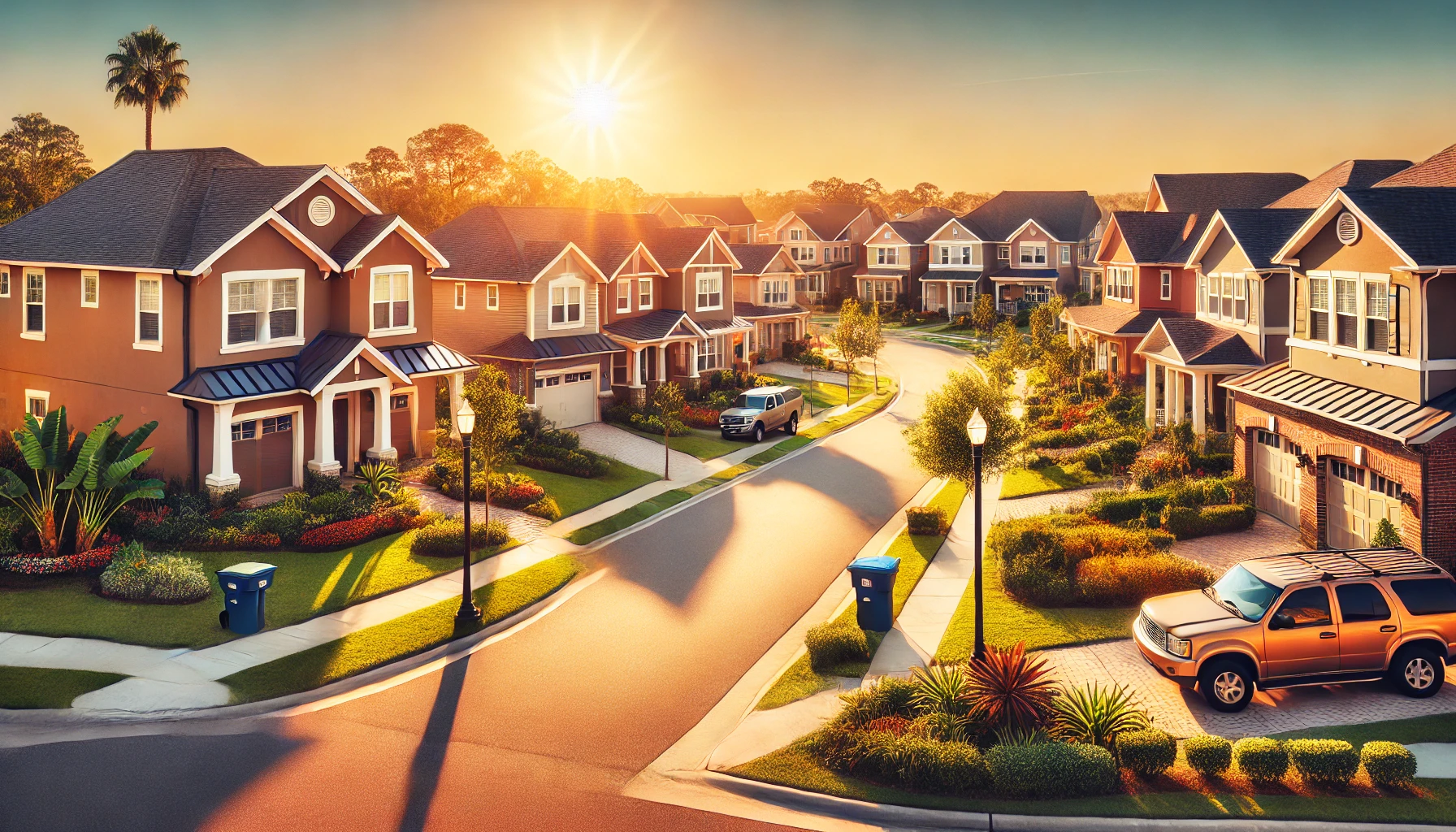 A peaceful Tampa, FL, neighborhood with single-family homes, showcasing affordability and stability, surrounded by sunny skies and manicured lawns.