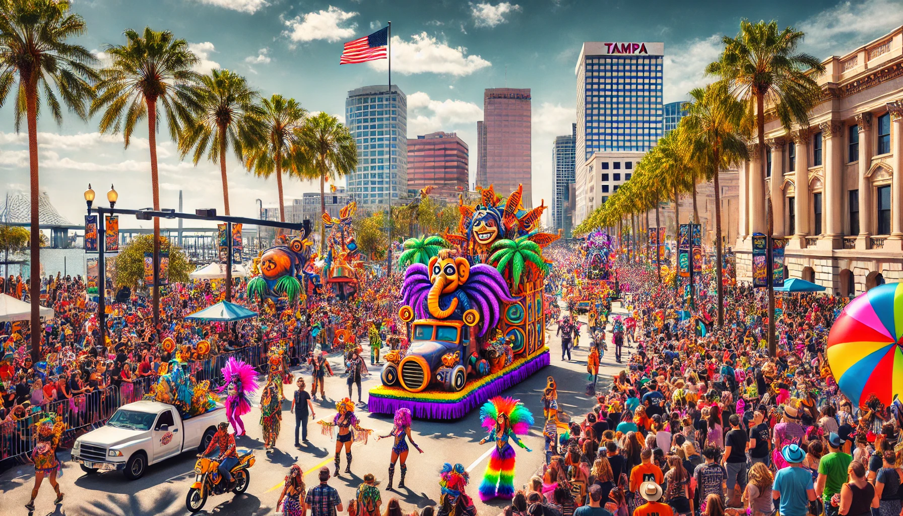 A vibrant festival scene in Tampa, FL, showcasing a colorful parade with floats and participants in costumes under sunny skies, with palm trees and the city skyline in the background.