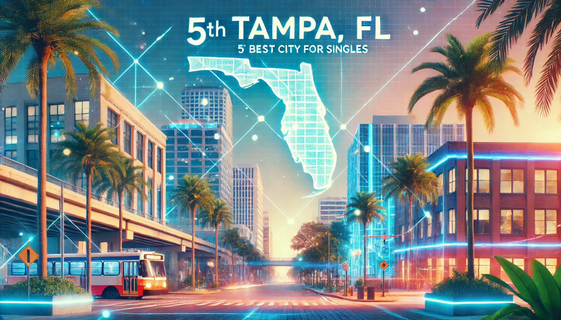 A vibrant urban scene in Tampa, FL, featuring modern buildings, palm trees, and bustling streets, highlighting the city as the 5th best place for singles in America.