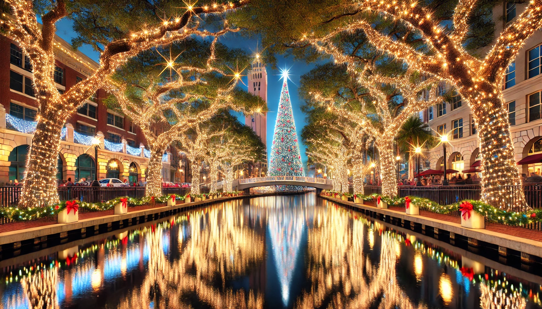 A festive Tampa Riverwalk adorned with bright holiday lights, a towering 35-foot Christmas tree, and oak trees draped with sparkling lights reflecting on the calm water, creating a magical winter wonderland.