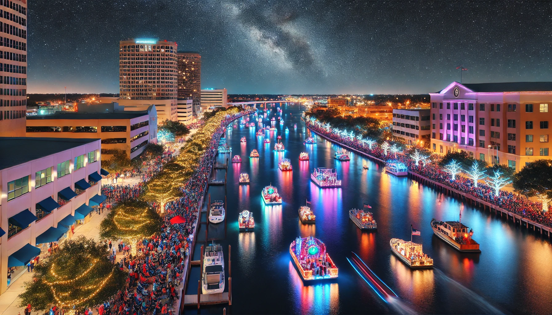 A nighttime view of Tampa Riverwalk featuring illuminated holiday boats on the water, colorful lights reflecting on the surface, and crowds gathered along the shore for the annual boat parade under a clear starry sky.