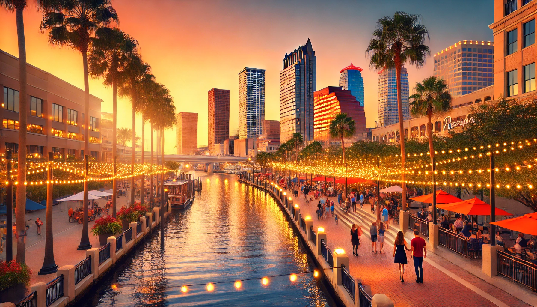 A scenic view of Tampa, FL, featuring the Riverwalk with couples walking under string lights at sunset, surrounded by palm trees and water, highlighting Tampa as a vibrant and social city.