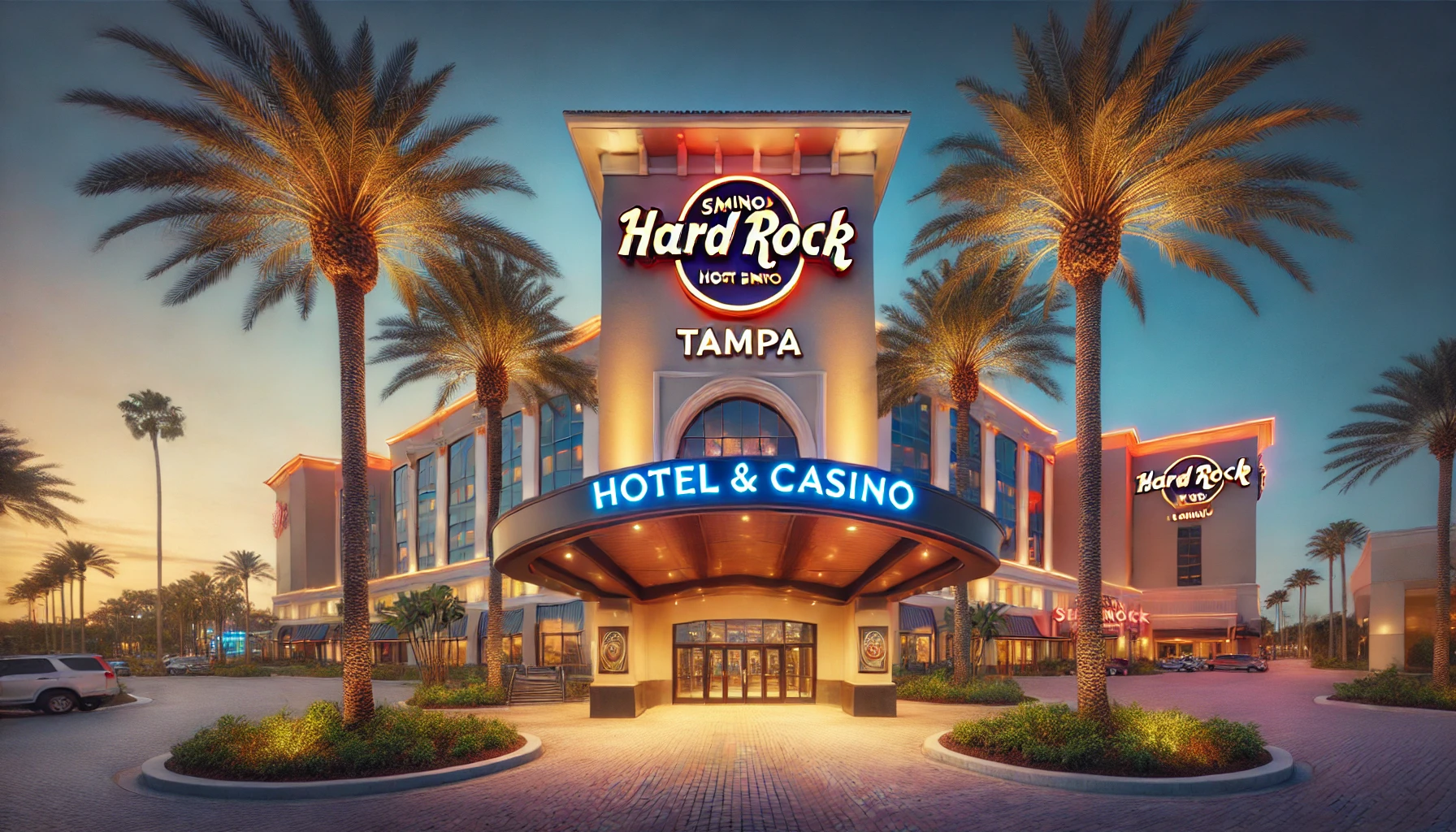 An inviting exterior view of Seminole Hard Rock Hotel & Casino Tampa, featuring palm trees, glowing lights, and a welcoming entrance under a twilight sky, showcasing its prominence as a hospitality landmark.