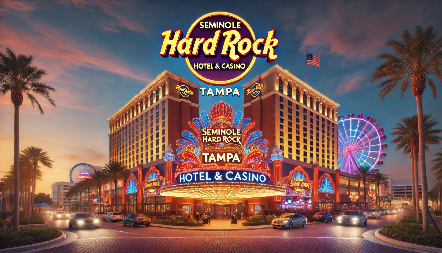  A vibrant view of Seminole Hard Rock Hotel & Casino Tampa, showcasing its iconic architecture, glowing casino lights, and a welcoming evening atmosphere, representing Tampa's dynamic hospitality scene.