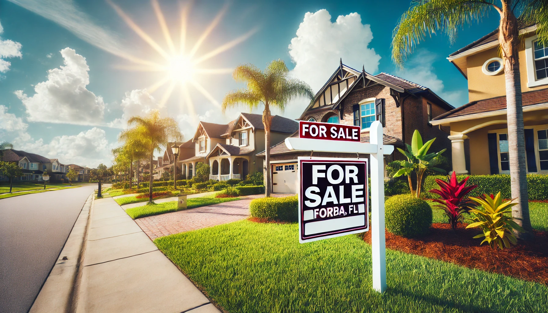 A suburban Tampa, FL neighborhood with a row of homes for sale, featuring well-maintained lawns and a bright sunny sky, reflecting the local real estate market dynamics.