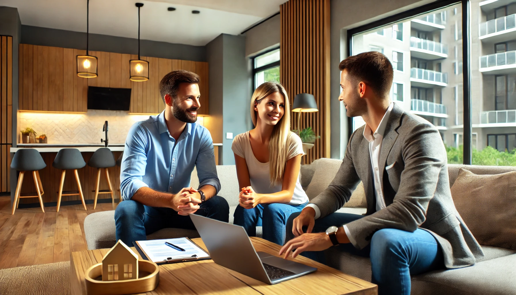 A Tampa, FL real estate agent discussing property listings with a couple in a modern living room, showcasing collaboration and decision-making in the housing market.