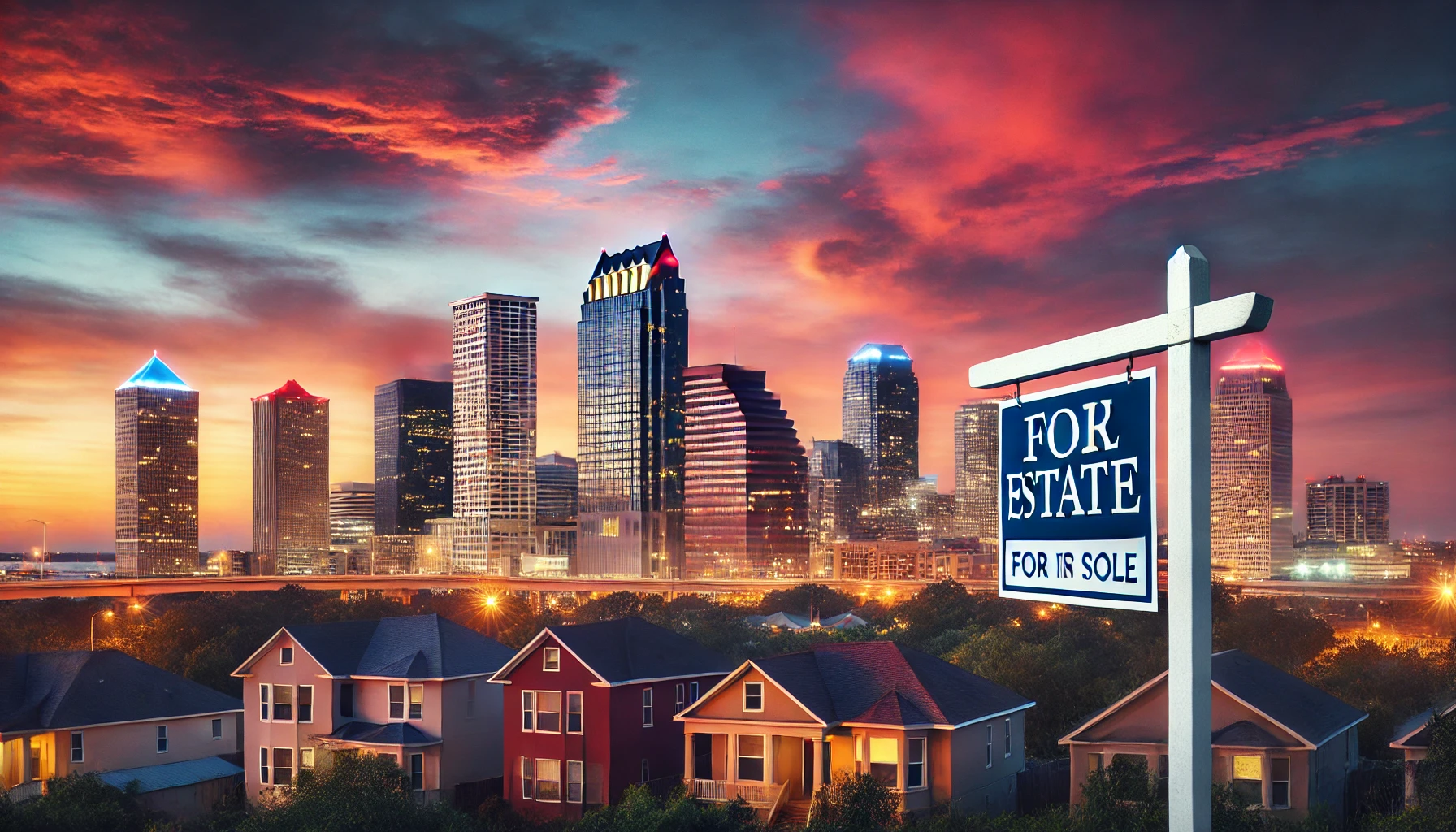 A Tampa, FL skyline at sunset with a real estate sign in the foreground, representing the balance of urban vibrancy and residential appeal in the local housing market.