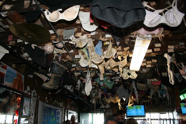 Undergarments adorn the ceiling at Blarney Island, Antioch, IL