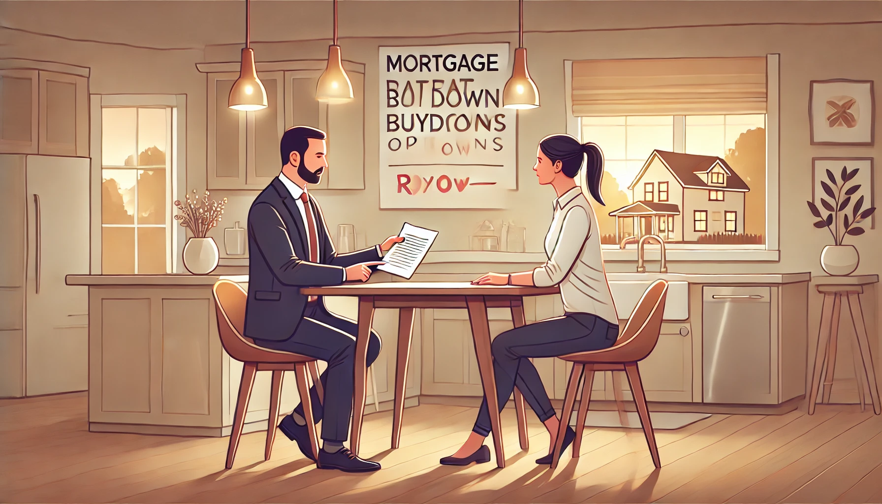 A real estate agent explaining mortgage rate buydown options to a homebuyer in a cozy, modern home setting. The agent holds a document while the buyer listens intently at a kitchen table. Warm, natural lighting highlights the interior design.