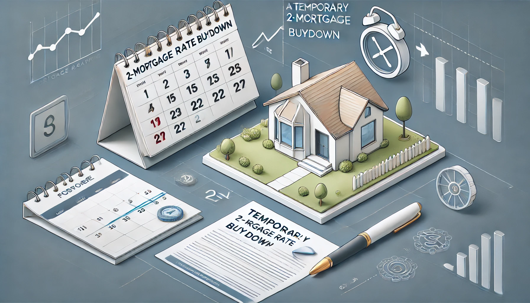 A conceptual visual of a temporary mortgage buydown scenario, featuring a small modern house model, financial documents with a pen, and a calendar marking two years in a calm, welcoming home environment.