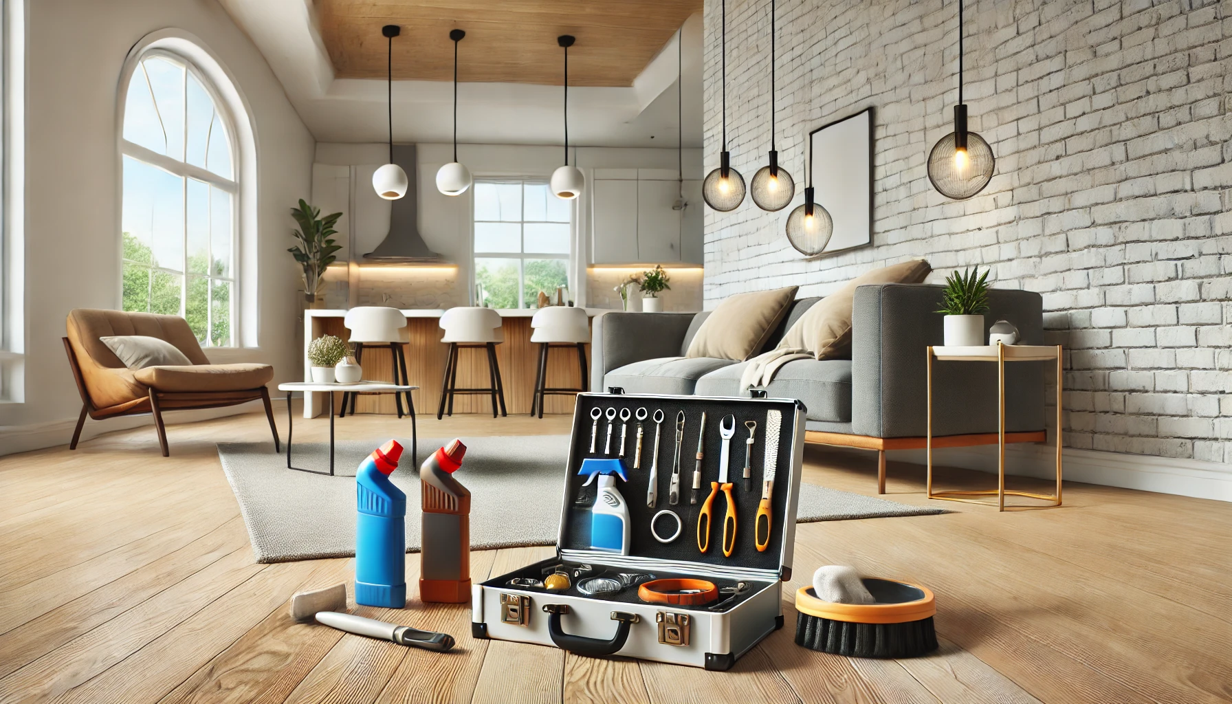 A modern living room with a maintenance toolkit and cleaning supplies on the floor, symbolizing the costs and responsibilities of home maintenance.