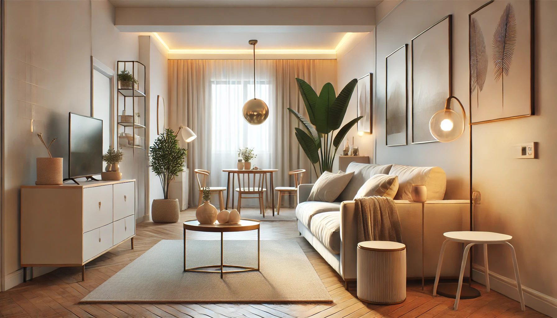 A cozy, modern rental apartment interior with minimalistic furniture, including a sofa, small dining table, plants, and warm lighting, emphasizing comfort and affordability.