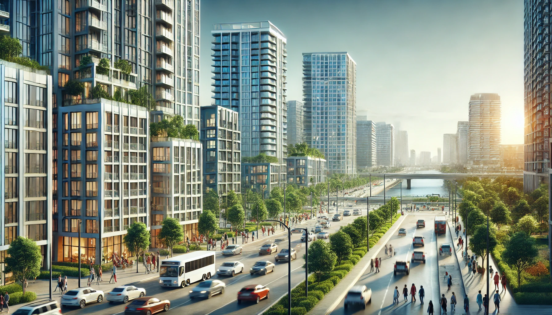 A bustling Tampa Bay cityscape with modern apartment buildings, cars on the road, and pedestrians, symbolizing high housing demand and urban growth.