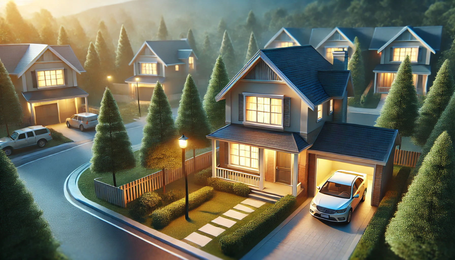 A suburban house with a well-kept front yard, a car parked in the driveway, and warm evening lighting, symbolizing homeownership and long-term investment.