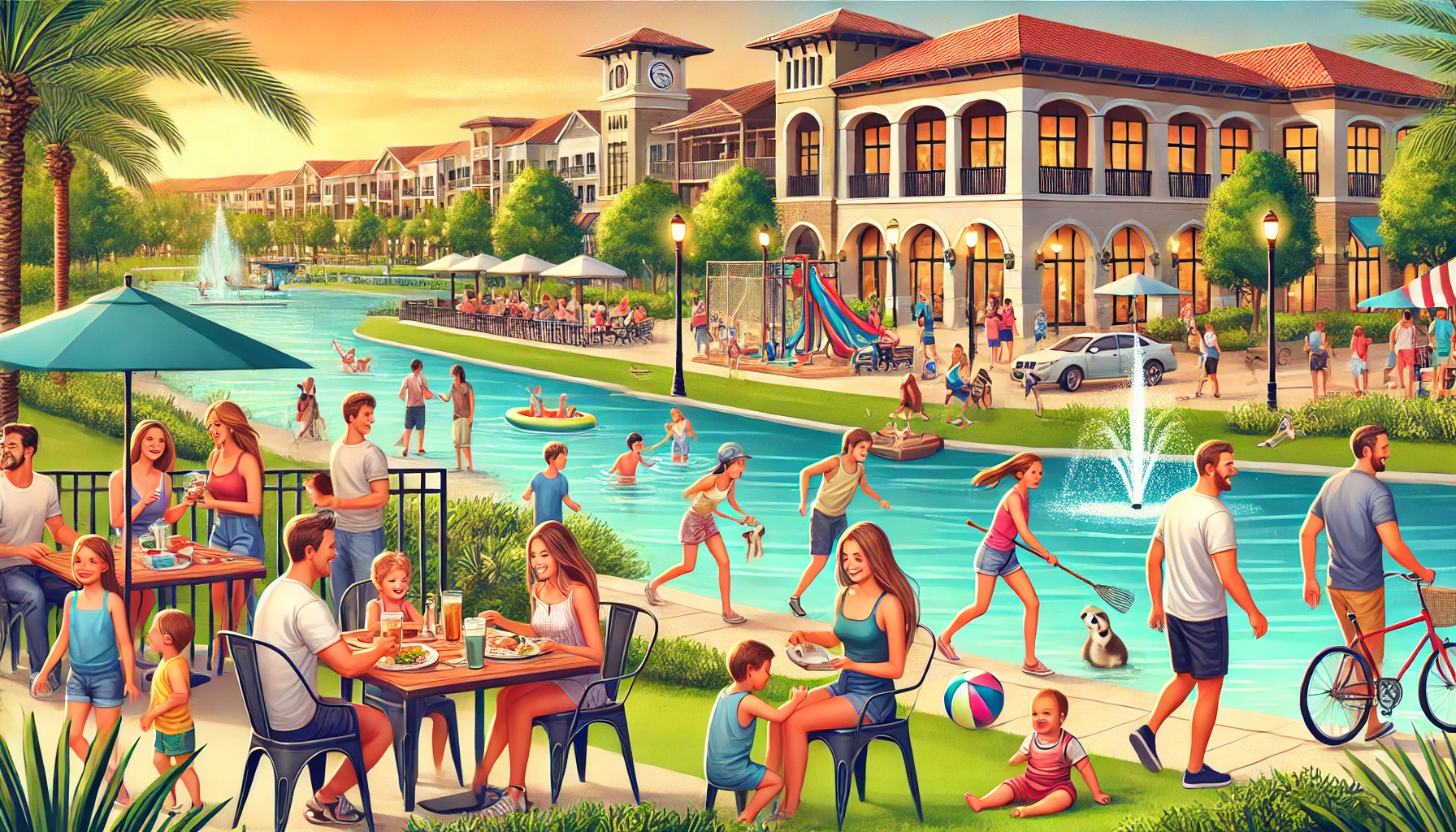 Lively recreational area in Wesley Chapel, FL, with families at a lagoon, children in parks, and outdoor dining, showcasing entertainment and outdoor fun.