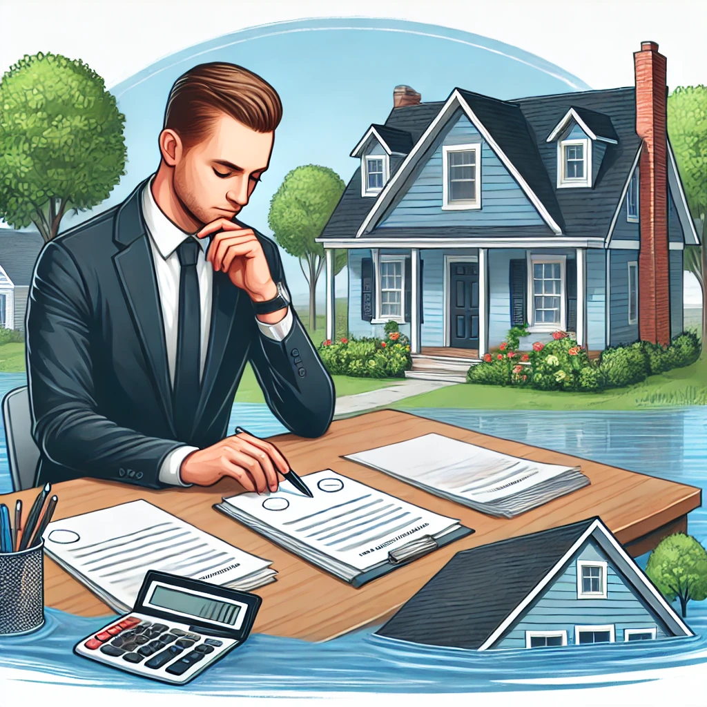 A thoughtful lender reviewing documents at a desk with a peaceful suburban neighborhood in the background, representing how lenders evaluate disaster-related credit.