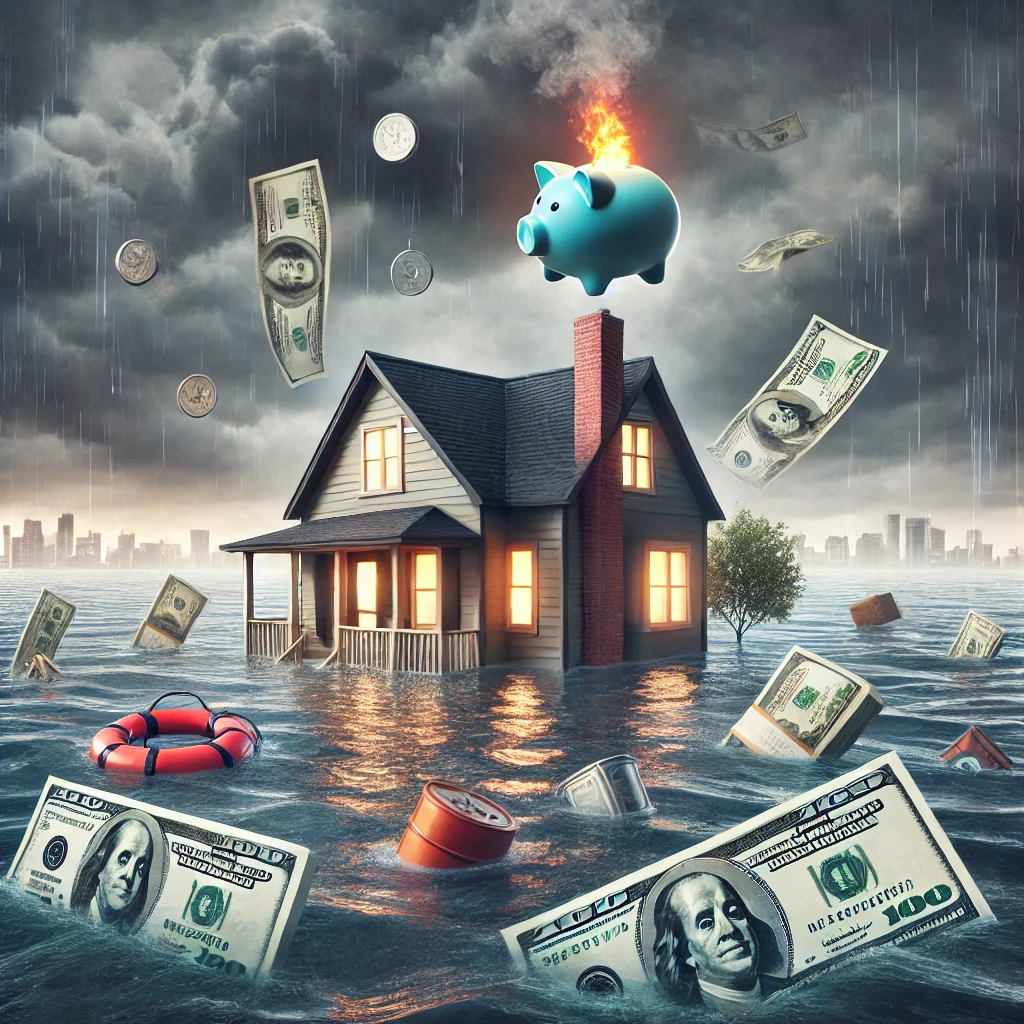 A house surrounded by floodwaters with a stormy sky, symbolizing financial struggles during a natural disaster.