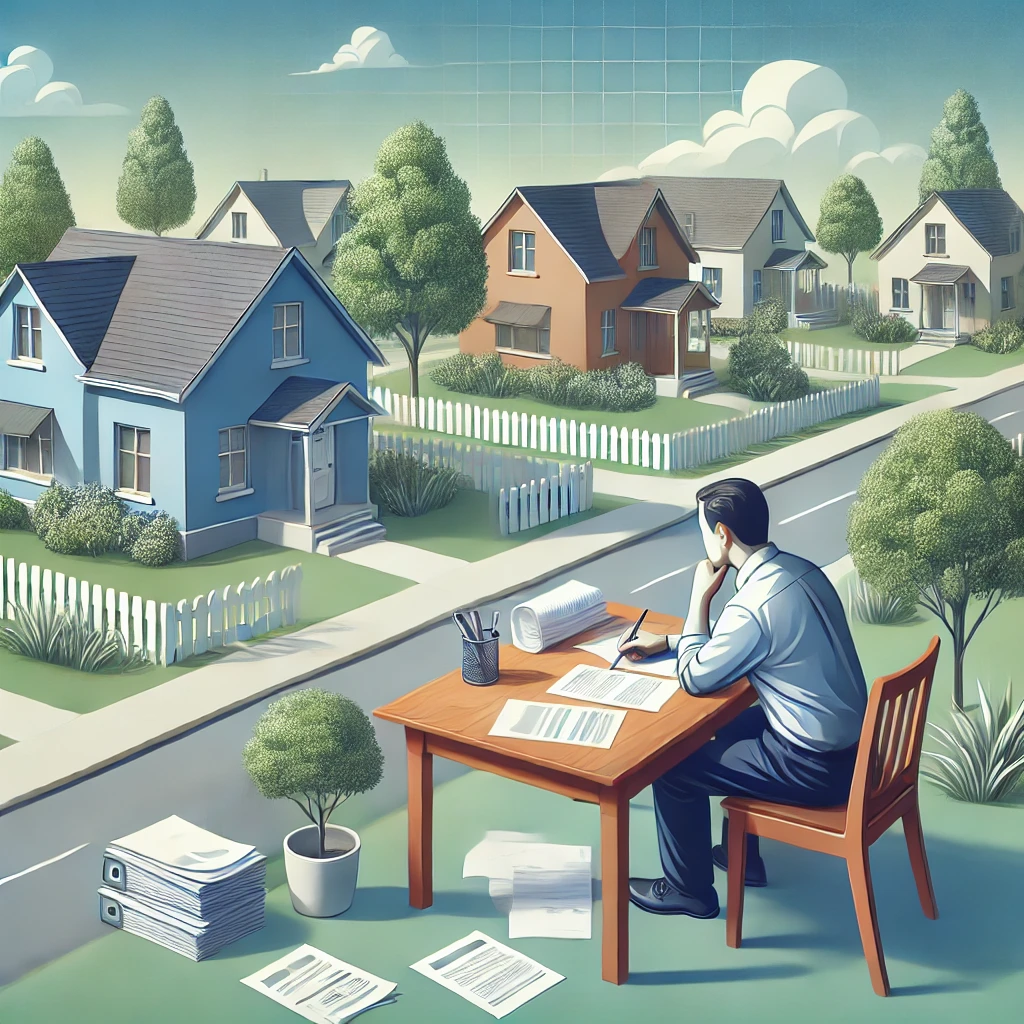 A peaceful suburban neighborhood with a desk and documents, symbolizing thoughtful financial decision-making after a disaster.