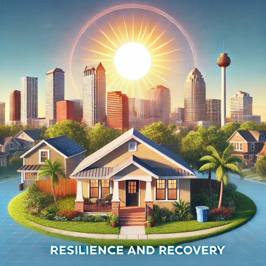 A cozy suburban home with a sunny Tampa skyline in the background, symbolizing resilience and recovery for homeowners and buyers.