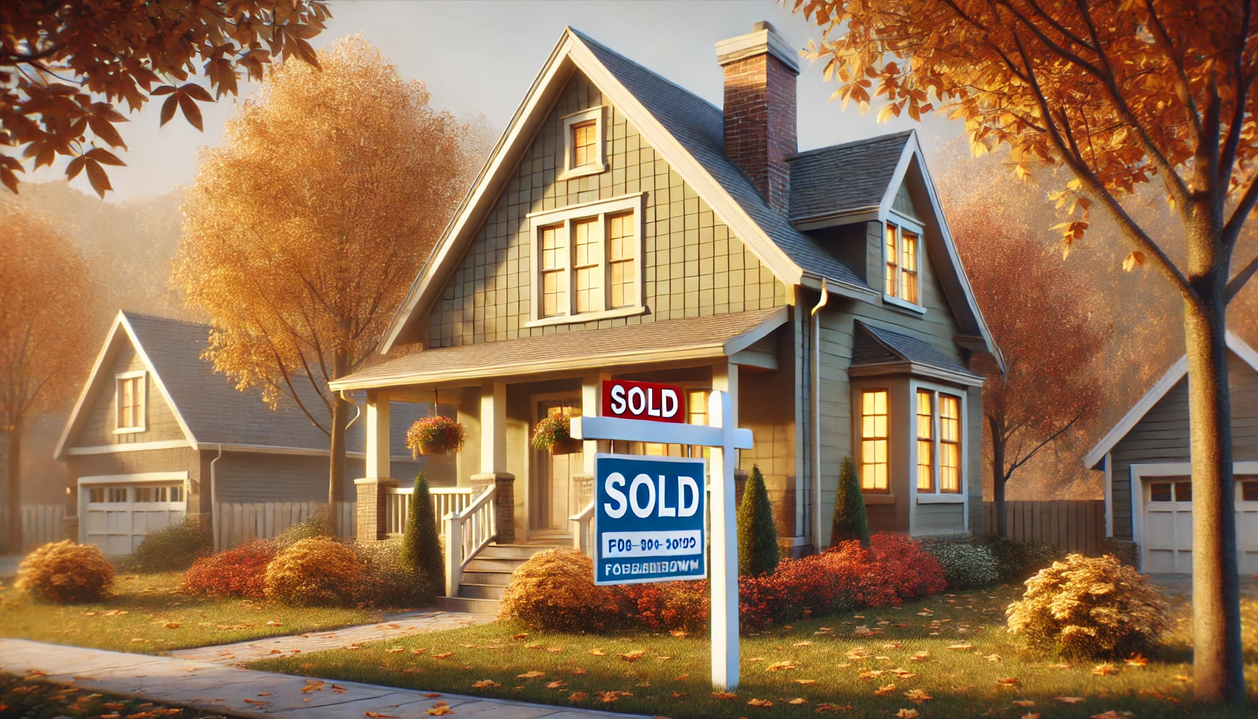 A suburban home with a sold sign in the front yard, surrounded by autumn foliage, symbolizing new homeownership and challenges during a government shutdown.