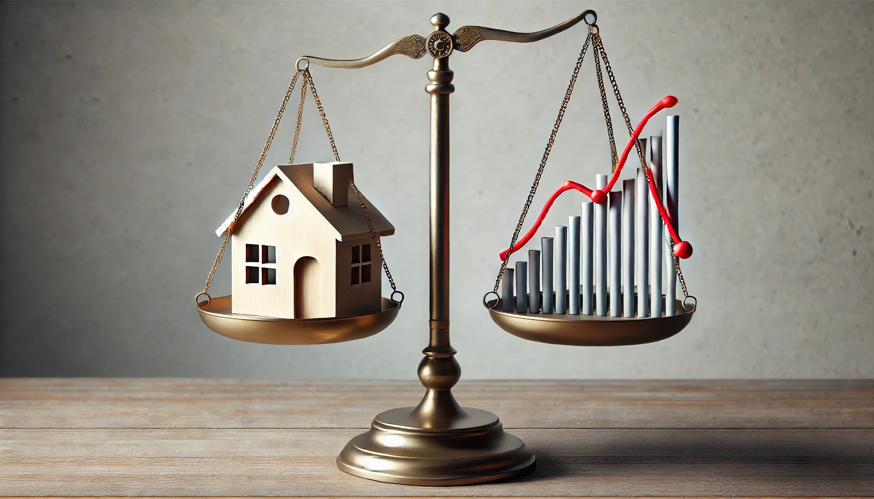 A balance scale with a house on one side and a fluctuating financial graph on the other, symbolizing the economic impact of a government shutdown on mortgages and housing.