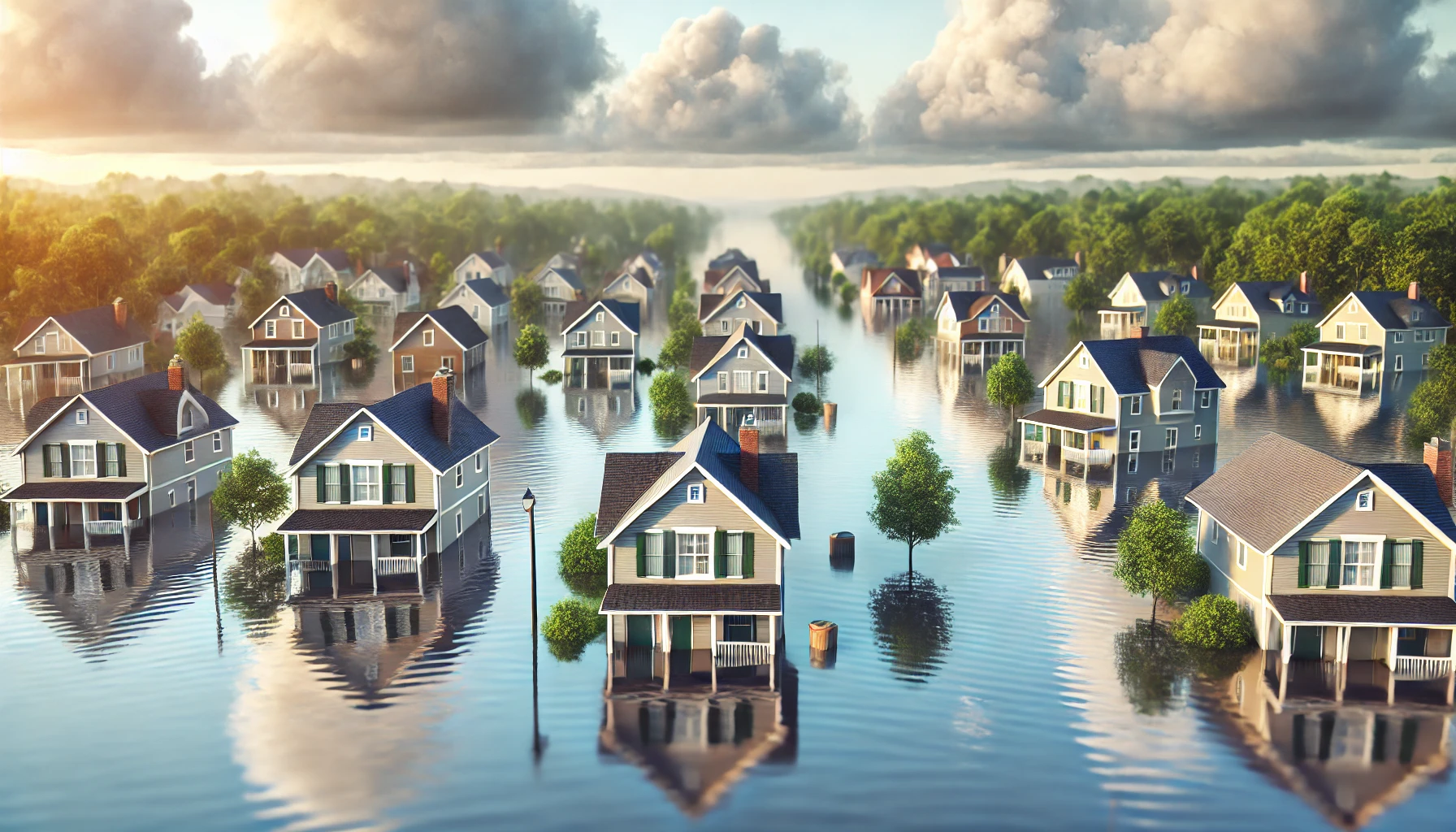 A neighborhood partially submerged in calm floodwaters, highlighting the need for flood insurance during challenging times like a government shutdown.