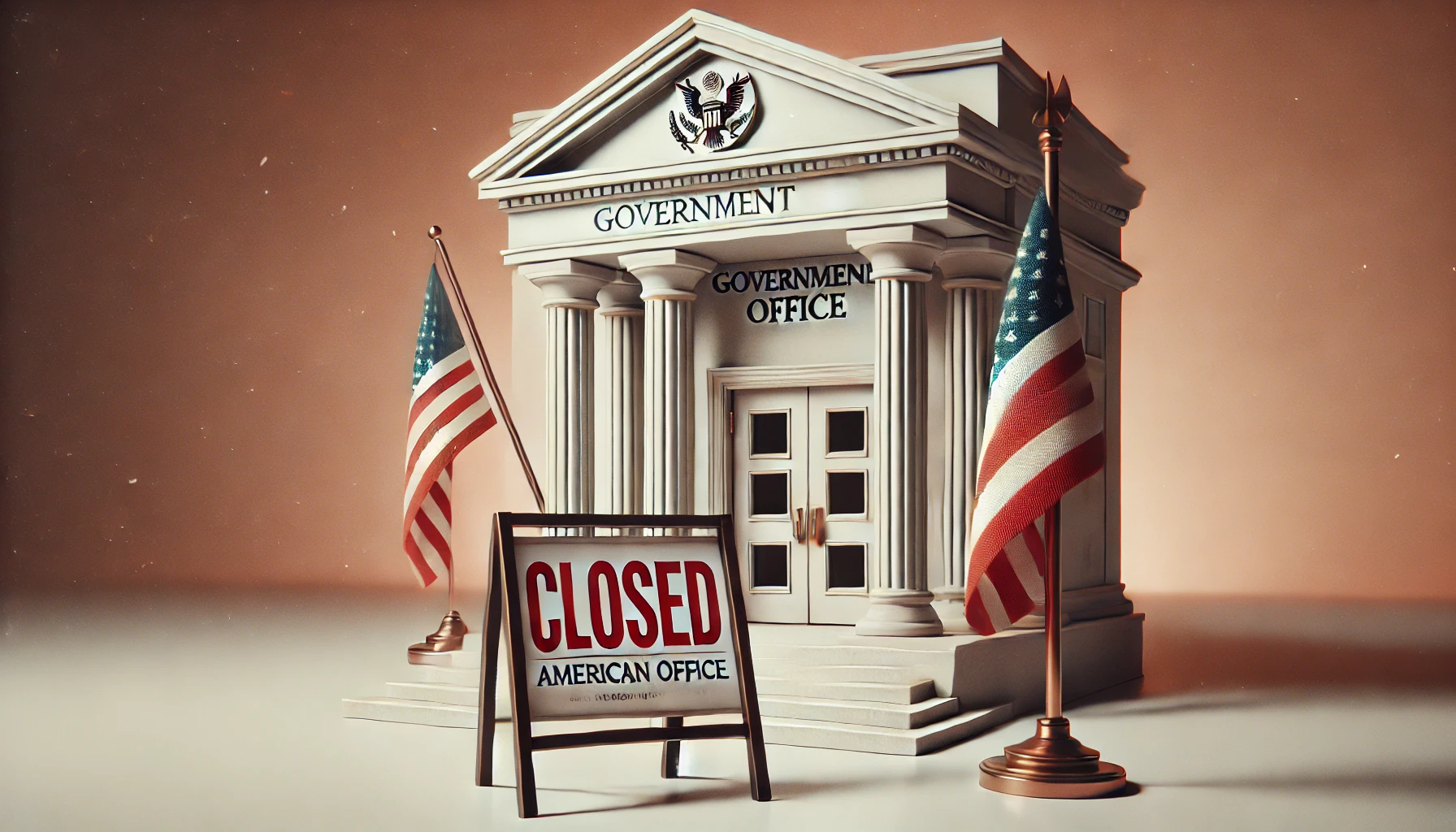 A government office with a closed sign on the door, featuring an American flag and a seasonal autumn background, representing a government shutdown.