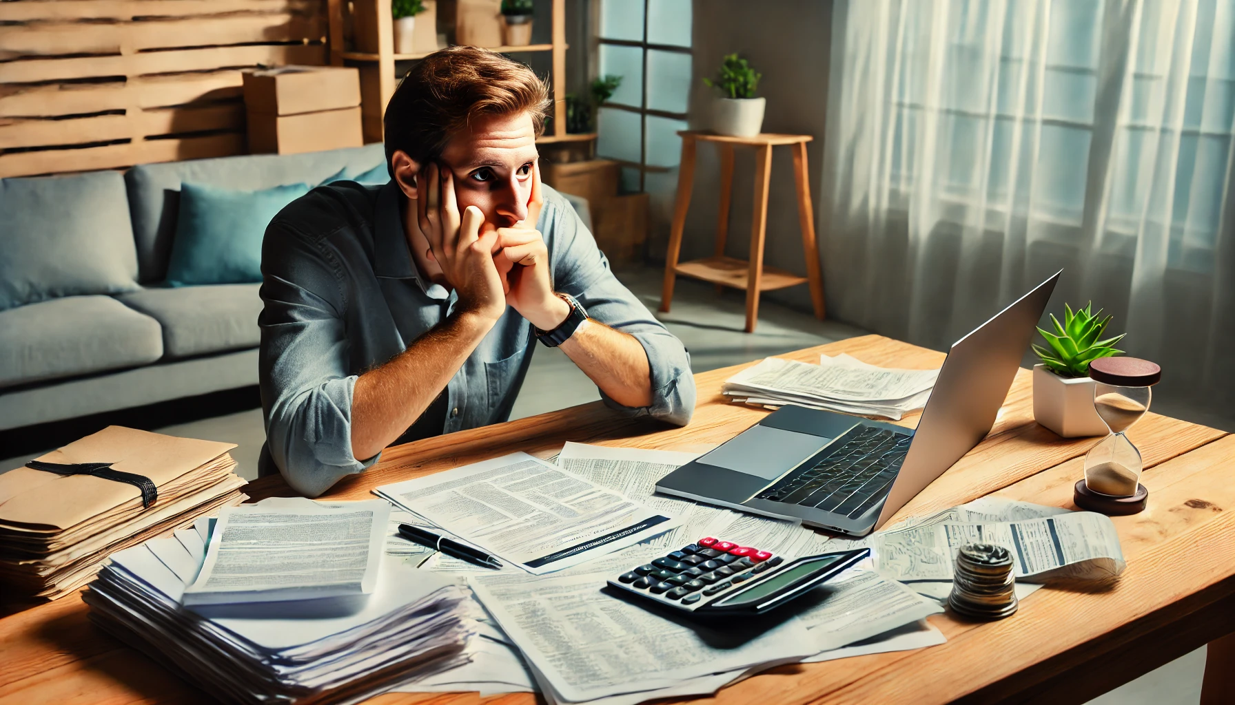 A person at a desk with financial papers, a laptop, and a calculator, reflecting on the challenges of refinancing during a government shutdown.