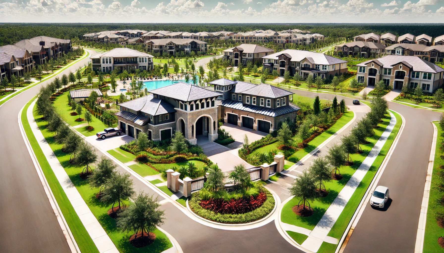 A sunny suburban neighborhood in Wesley Chapel, Florida, showcasing a gated entrance, modern homes, lush landscaping, and a clubhouse with a pool surrounded by walking trails.