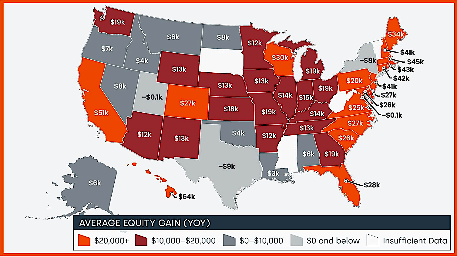 Average home equity changes by U.S. state year over year, Q3 2023