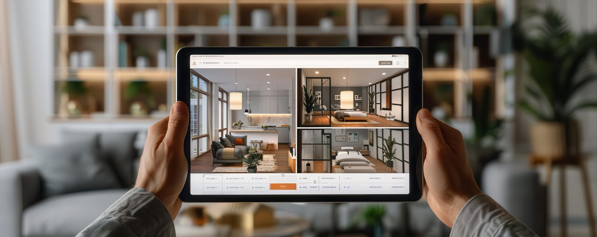 Digital tablet displaying a property listing with floor plans, property sales tech, modern real estate tools