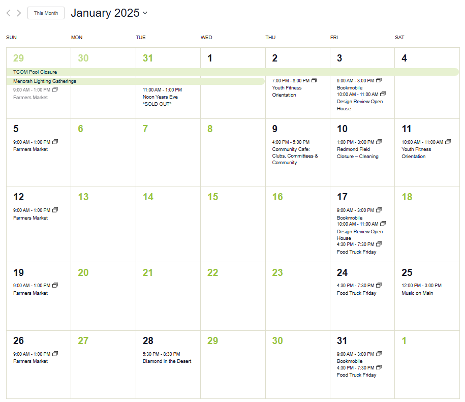 January 2025 community events calendar for Verrado, AZ featuring Farmers Markets, Youth Fitness Orientations, Food Truck Fridays, Music on Main, Bookmobile visits, and gatherings like the Menorah Lighting and Diamond in the Desert, highlighting vibrant local activities and engagement opportunities for residents.