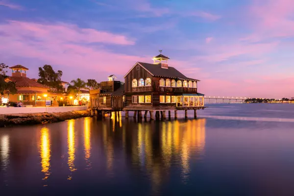 Vintage House in the sea with beautiful sky. The Pier Cafe in Seaport Village, San Diego