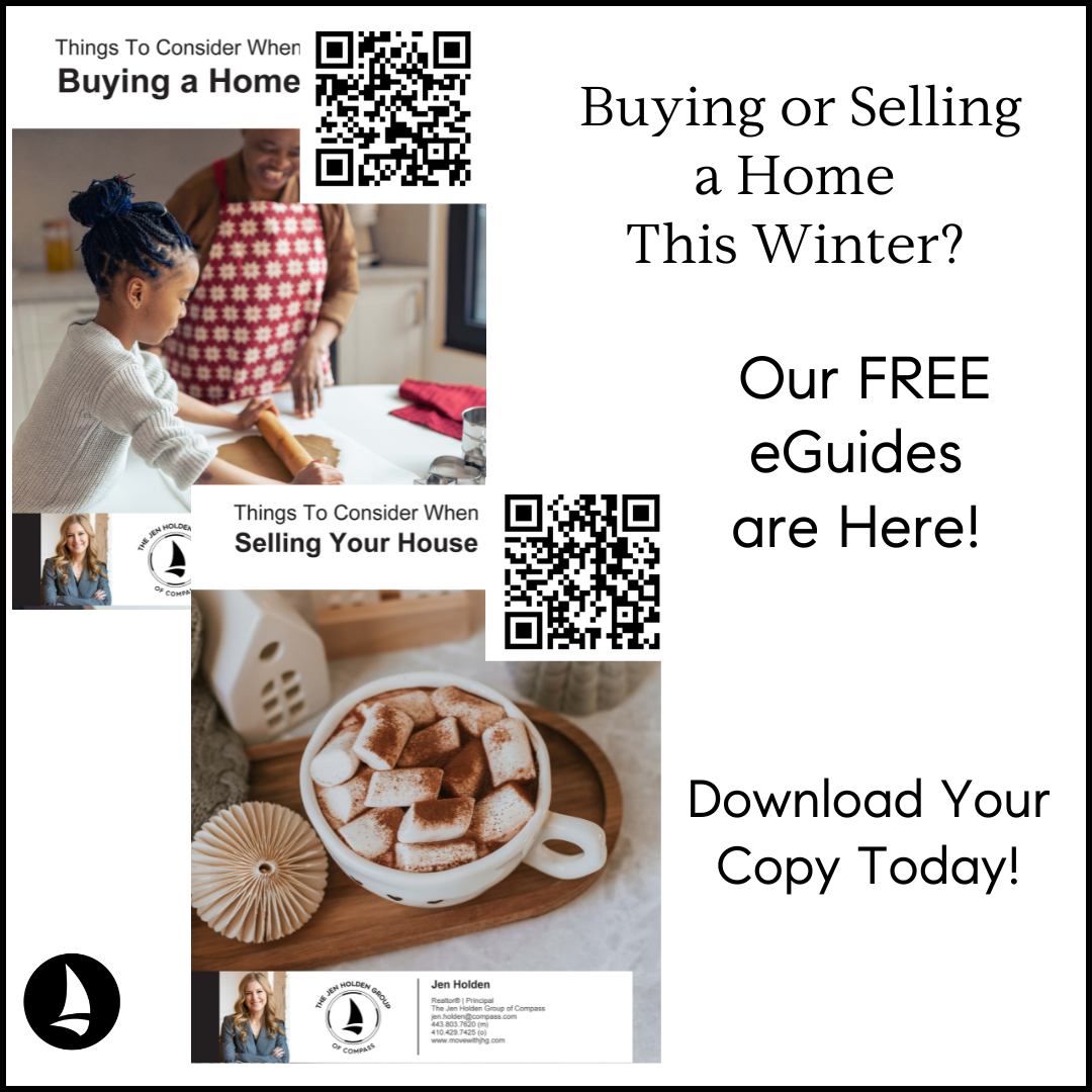 Promotional graphic for Winter 2025 real estate eGuides by The Jen Holden Group of Compass. Includes QR codes for downloading the 'Buying a Home' and 'Selling Your House' eGuides. Features cozy winter imagery, including a cup of hot cocoa and branded details with Jen Holden's contact information.