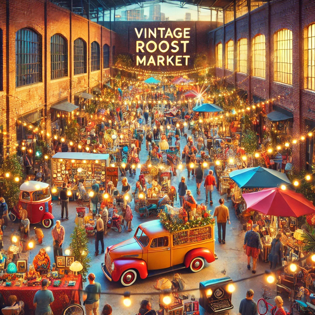 A lively scene at Tampa’s Vintage Roost market in Ybor City, featuring retro antiques, furniture, and toys under festive holiday lights in a historic warehouse setting.