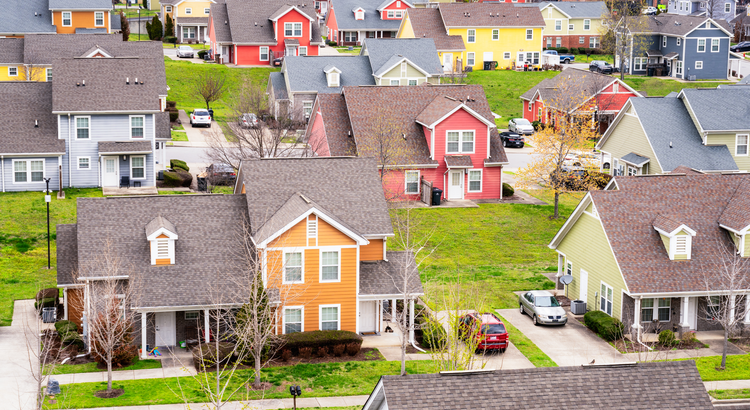 Aerial view of colorful homes in subdivision