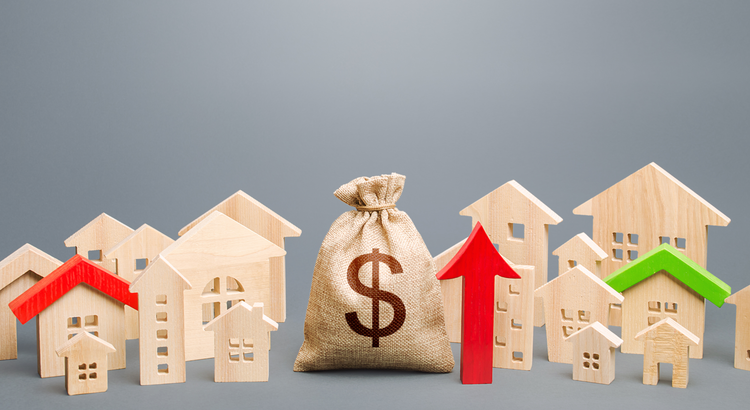 graphic with home silhouettes, up arrow and dollar sign
