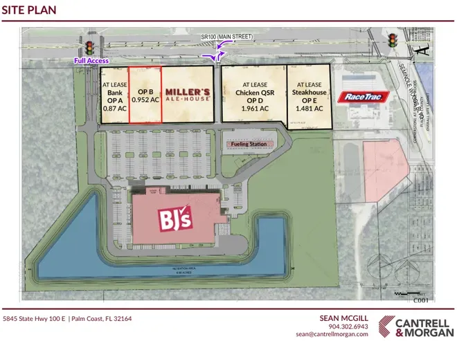 Detailed site plan of the Cornerstone at Seminole Woods shopping plaza in Flagler Beach, featuring BJ's Wholesale Club and Miller's Ale House locations.