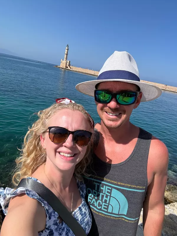 Bret Fields and his wife at Chania Lighthouse in Crete, Greece