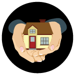 Circular image with a house and hands symbolizing real estate