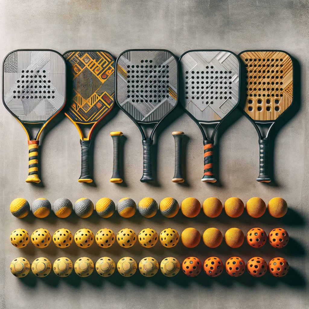 A neatly organized display of Achasta pickleball club equipment on a clean, textured concrete surface